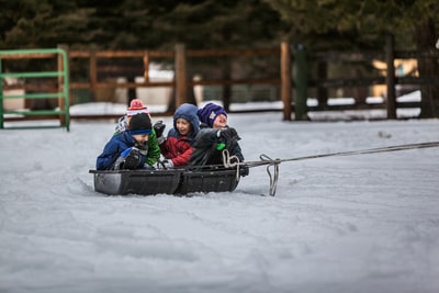 四个孩子在雪地上乘船